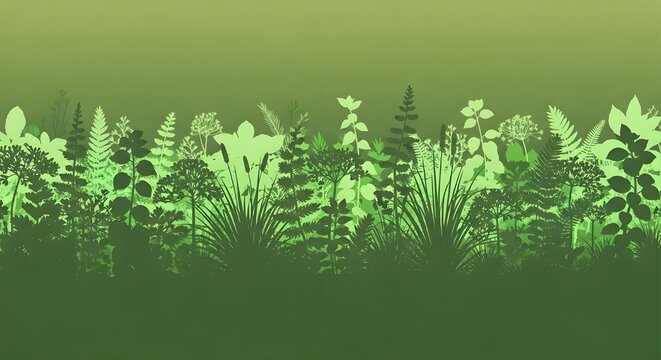 Seamless border of lush green forest foliage and plants in silhouette, with a gradient background suggesting dawn or dusk light.
