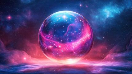 Fototapeta premium A luminous glass sphere containing a vibrant swirling nebula and cosmic dust against a deep starry background