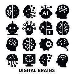 A collection of black silhouette icons representing artificial intelligence brains and technology high quality professional