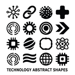 A collection of abstract black geometric shapes and symbols arranged in a grid pattern