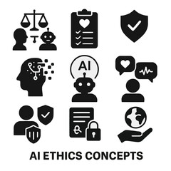 A collection of black icons representing concepts related to artificial intelligence and ethics high quality