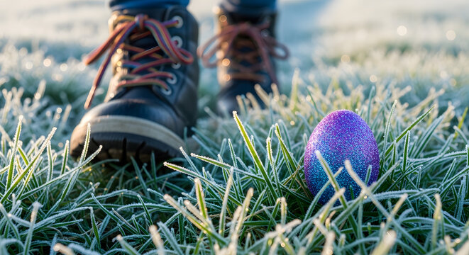 Person wearing boots standing next to purple easter egg on frosty grass