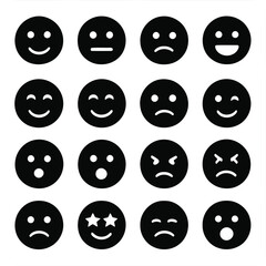 A collection of sixteen black circular emoticons displaying various emotional expressions high quality professional detailed