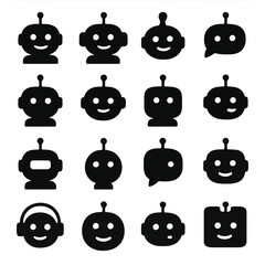 A collection of black silhouette robot head icons with varying designs and facial expressions