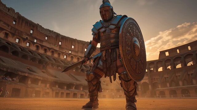 Armored ancient gladiator standing inside a Roman colosseum arena at sunset, holding a sword and shield, symbolizing strength, combat, and historical warfare