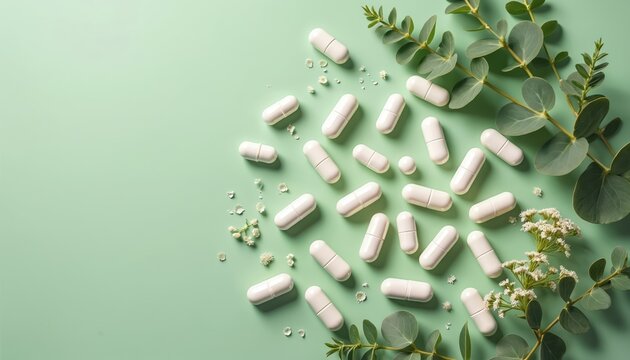 White capsules and green leaves arranged on a pastel green background. This photo suggests natural health supplements and wellness products for a healthy lifestyle.