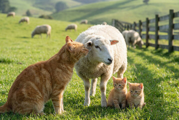 Obraz premium Adorable Ginger Kittens Sitting Beside Sheep in Countryside Landscape