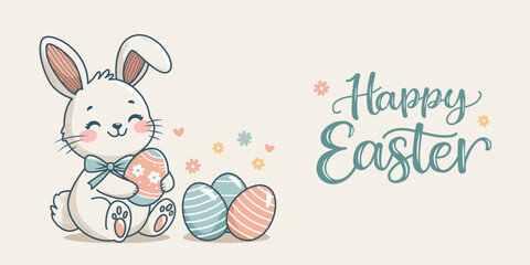 Cute Easter bunny with an Easter basket and eggs. Greeting card with handwritten lettering. Vector isolated illustration.