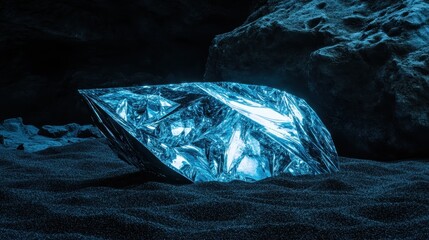 Obraz premium A large faceted blue crystal object with a glowing inner light rests on a dark rough surface