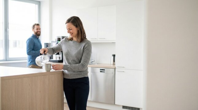 Colleagues making coffee together in office kitchen during the workday