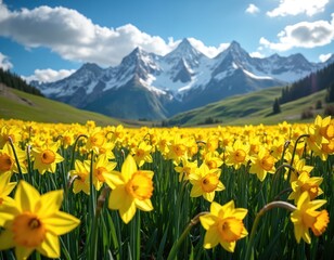 Fototapeta premium Vast field of yellow daffodils blooms in valley below snow-capped mountains. Green hillsides under bright blue sky with white clouds. Springtime nature landscape with abundant flowers.