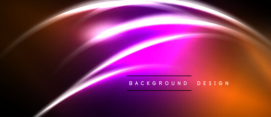Obraz premium Abstract vibrant waves, orange, purple hues. Smooth gradients create dynamic visual effect. Dark background emphasizes bright colors.
