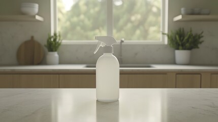 Fototapeta premium A white translucent spray bottle of disinfectant sits on a kitchen countertop near a sink and window