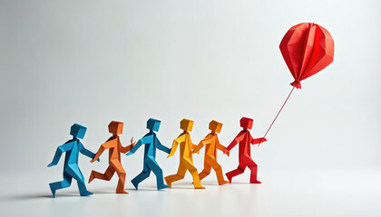 Colorful origami people figures link hands forming a chain, running together, led by one holding a red balloon. Teamwork, unity, and shared goals are symbolized.