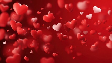 Romantic Background with Flying 3D Hearts. Abstract red backdrop featuring falling volumetric red and white hearts with bokeh effect for Valentines Day, wedding or love concepts.