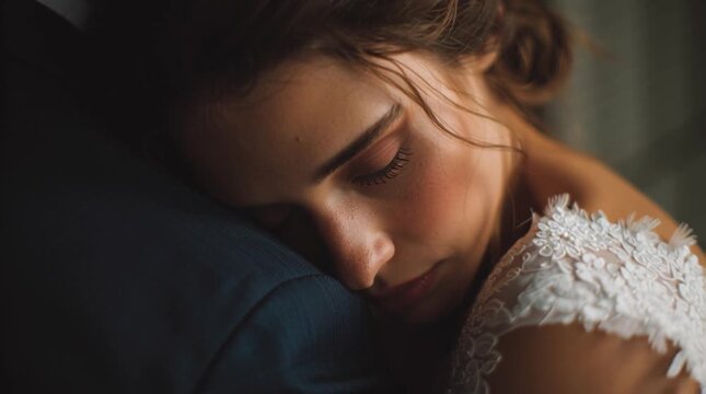 Bride resting her head on the groom&rsquo;s shoulder. Quiet safety and trust expressed through subtle body language, captured with advertising-level emotion and refined wedding aesthetics.
