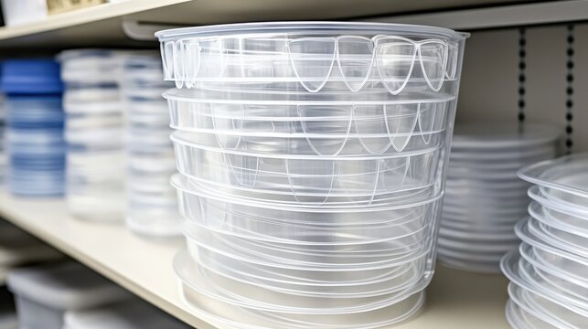 Stack of clear plastic round containers with lids neatly organized for storage