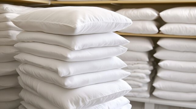Stacks of clean white cotton pillowcases neatly arranged on shelves for comfort and domestic use