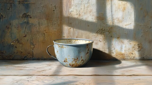 An old tarnished and dented metal cup sits on a wooden surface with a textured wall in the background