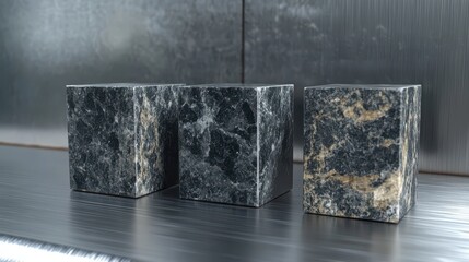 Three polished onyx cubes with sharp edges precisely arranged on a reflective surface displaying natural stone textures