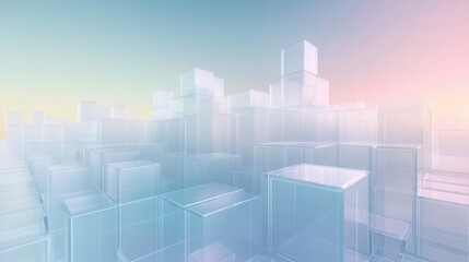 Naklejka premium Arrangement of translucent acrylic geometric blocks creating a modern abstract architectural cityscape with soft gradient lighting