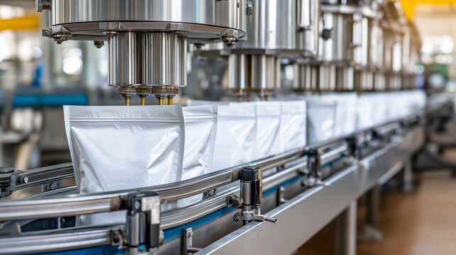 Automated filling line rapidly transporting sealed white pouches, industrial polymer granules packaging, manufacturing production speed, with copy space
