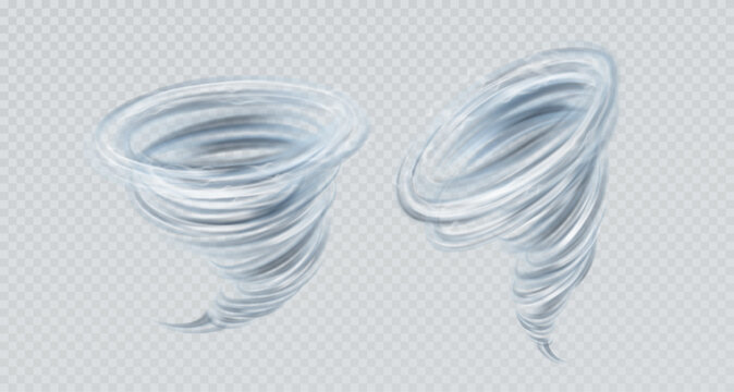Realistic white wind swirl and tornado vortex effects, isolated on transparent background for motion and weather design.