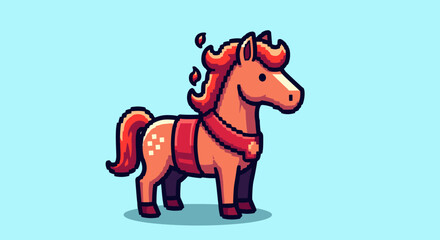 Obraz premium Charming pixel art pony character with a stylized red mane and tail stands happily in a retro 8-bit video game art style, isolated on a simple light blue background