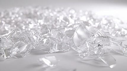 Scattered jagged shards of clear opaque broken plastic and glass reflecting bright light creating a textured abstract pattern