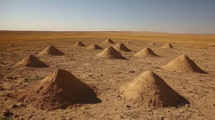 Scattered conical mounds of dry dusty earth form patterns across a vast arid landscape under a clear blue sky