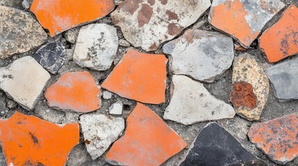 Shattered tiles with vibrant colors muted by dust and debris form an abstract textured background of broken ceramic and stone fragments