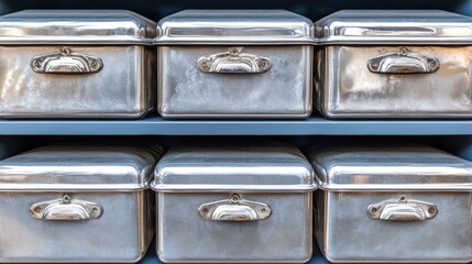 Silver metal storage boxes with handles neatly arranged on shelves in a clean organized setting