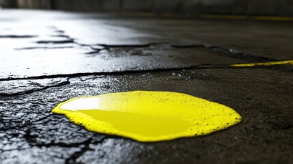 Obraz premium Bright yellow foamy liquid spills onto a dark textured surface creating a vibrant puddle