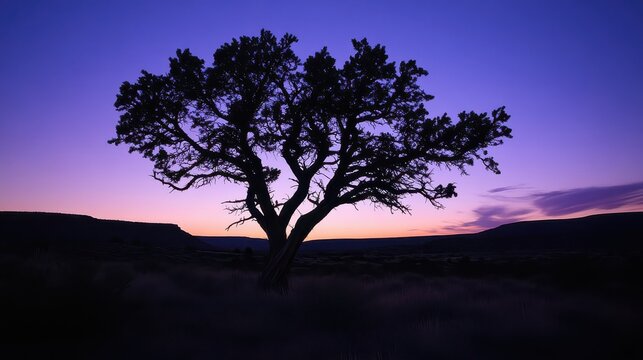 Silhouette of a lone twisted juniper tree against a twilight sky