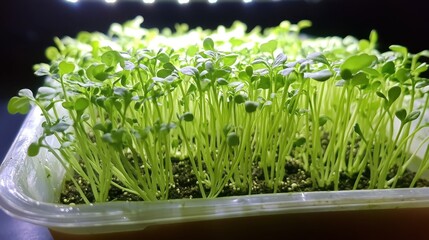 Tiny green shoots of microgreens growing vibrantly in a shallow cultivation tray under soft light