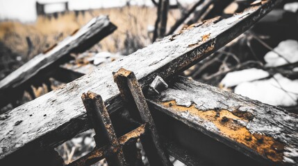 Twisted metal framing from a collapsed roof its skeleton of wood and rusty metal shows signs of decay and destruction