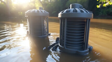 Two industrial pumps submerged in water for draining flooded areas with sunlight reflecting on the surface