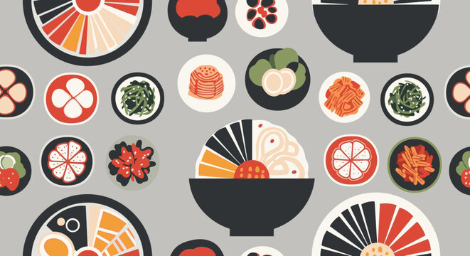 Korean cuisine seamless pattern with bibimbap bowls, banchan side dishes like kimchi, and seaweed salad in a minimalist graphic illustration on a grey background