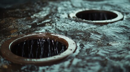 Water gushing out of overwhelmed drainage systems with prominent circular openings