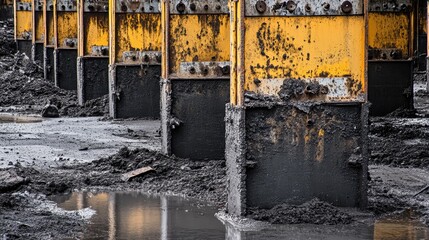 Weathered yellow industrial metal shelving stands in a muddy, corroded environment with textured surfaces and reflections in the water