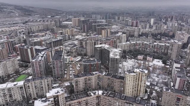 Gloomy soviet era residential buildings aerial view