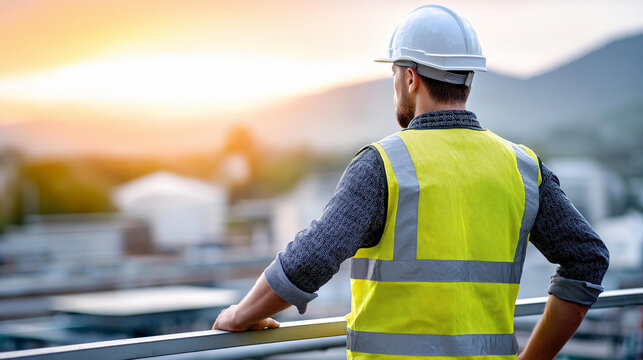 Faceless worker wearing industrial safety vest white helmet standing on tall steel structure, manufacturing safety compliance, factory elevation work, with copy space