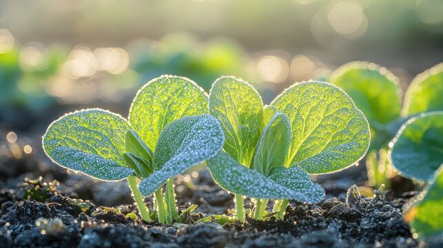 Young green seedlings covered in morning frost sparkling in soft sunlight in a garden plot