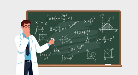 Thoughtful male scientist in a white lab coat and glasses stands thinking in front of a green chalkboard filled with complex mathematical formulas and geometric equations