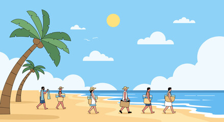 Obraz premium Group of illustrated people walking along a sandy tropical beach carrying bags and towels on a sunny day with palm trees and the ocean in a flat vector style