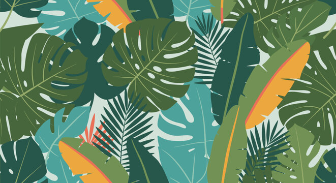 Seamless pattern of tropical jungle leaves illustration with monstera, palm, and banana foliage in a modern flat design style, creating a dense and exotic botanical background