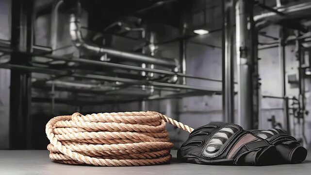 Coiled industrial rope and protective work gloves on workshop background.