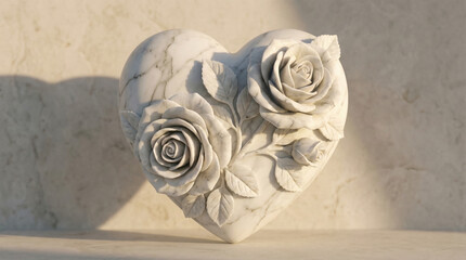 Elegant White Marble Heart with Rose Carvings on a Textured Background.