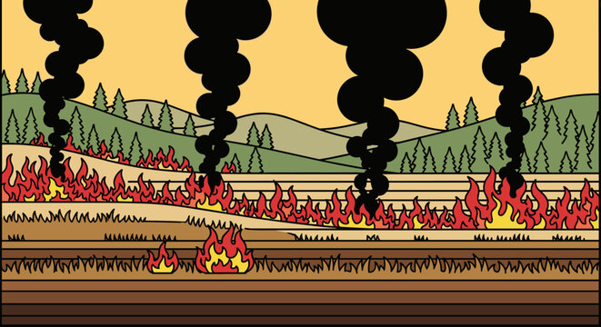 Cross-section diagram of a ground fire burning through peat and soil layers, with a surface wildfire spreading towards a forest and sending up thick black smoke