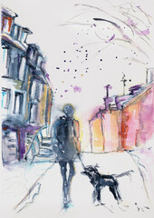 Hand Painted Watercolor Illustration of Solitary Walk with Dog in Urban Winter Scene